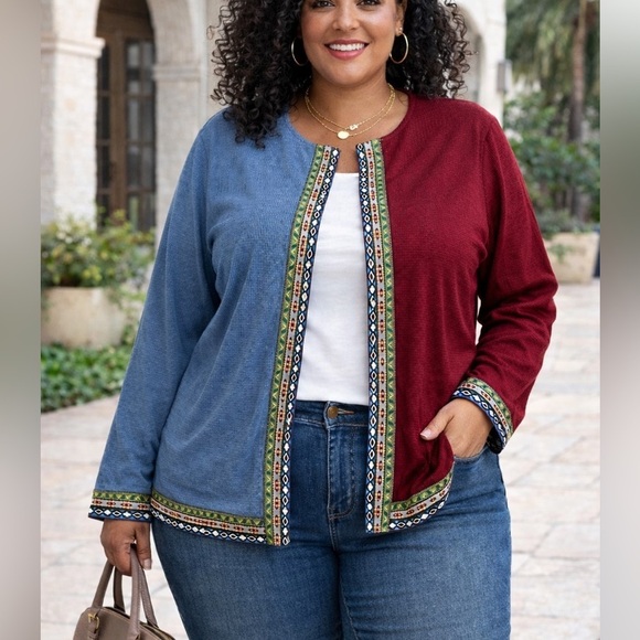 Emery Rose Jackets & Blazers - Two-Tone Corduroy Women's Blazer with Ethnic Trim
